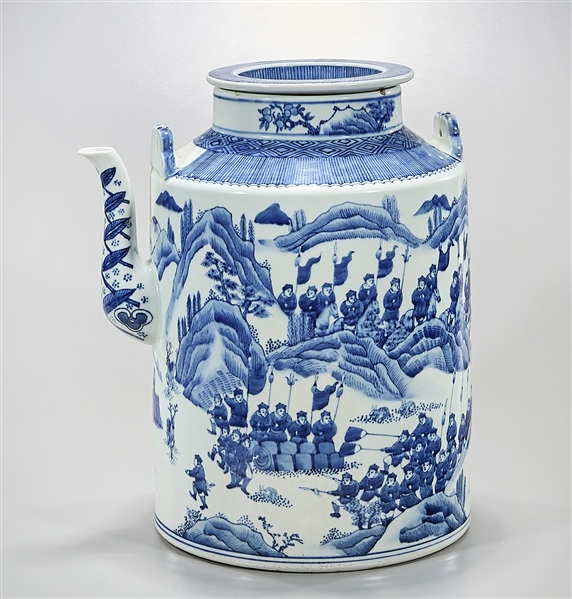 Appraisal: Chinese blue and white porcelain covered vessel depicting a battle