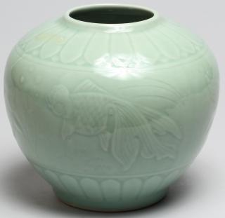 Appraisal: Chinese Celadon Ginger Jar Vase The body with impressed koi