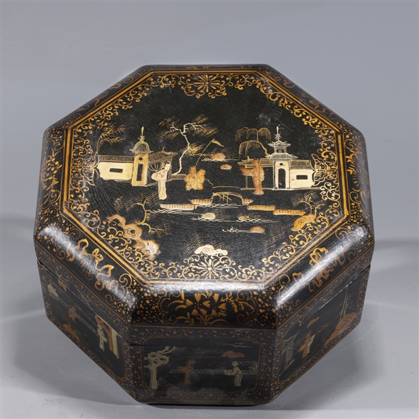 Appraisal: Chinese gilt lacquer octagonal box with figures and floral designs