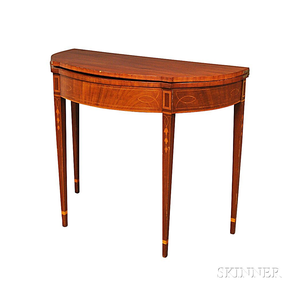 Appraisal: Federal-style Inlaid Mahogany Card Table with half-serpentine sides and elliptical