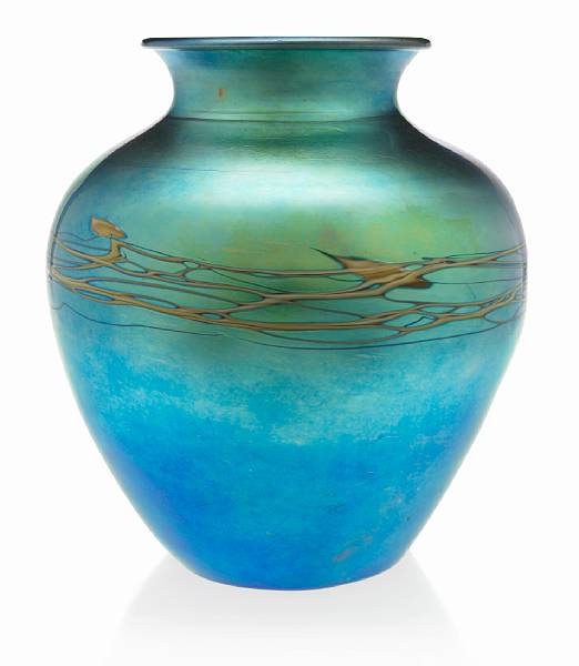 Appraisal: A Steuben decorated blue Aurene glass baluster vase shape -