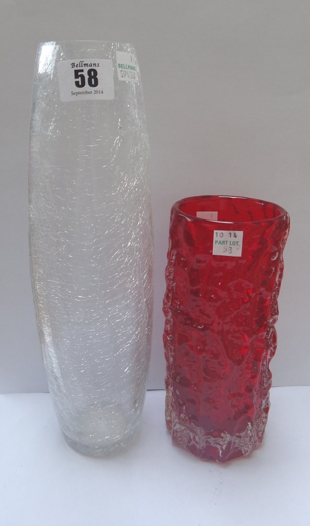 Appraisal: A Whitefriars red glass bark vase and crackle glass vase