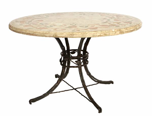 Appraisal: An Italian style earthenware and patinated metal circular breakfast table