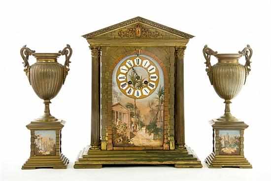 Appraisal: French brass and porcelain clock garniture circa eight-day time and