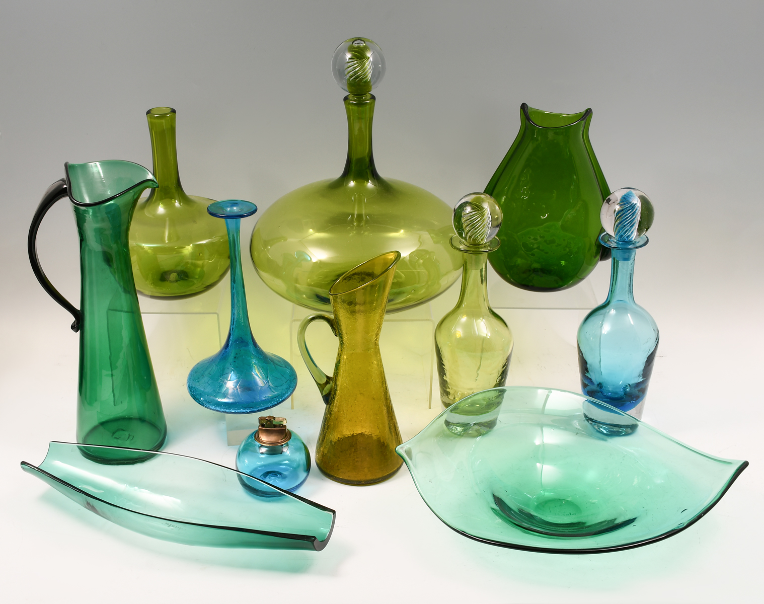 Appraisal: PC BLENKO BLUE GREEN ART GLASS COLLECTION Comprising - Decanters