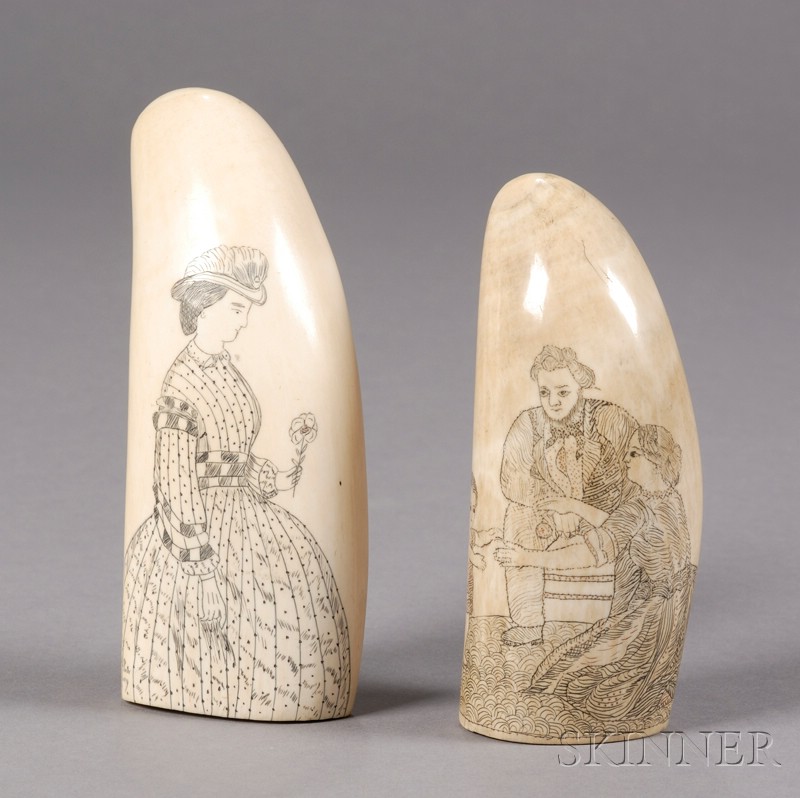 Appraisal: Two Scrimshaw Whale's Teeth late th century one depicting a