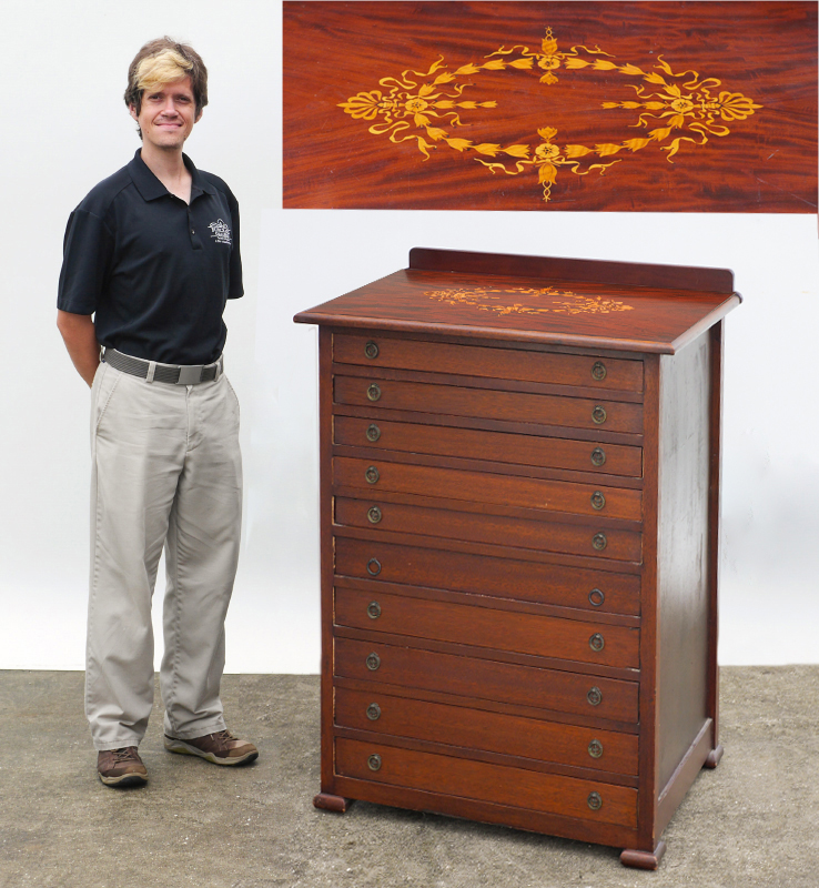 Appraisal: INLAID MIXED WOOD MAP CABINET Top with inlaid fruitwood floral