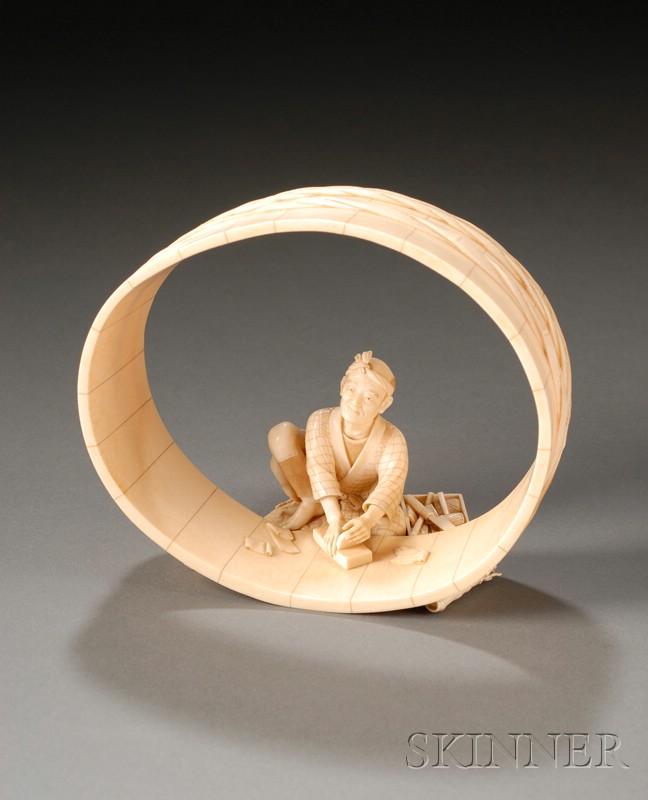 Appraisal: Ivory Carving Japan late th century study of a barrel