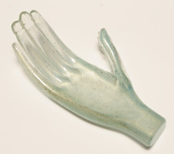 Appraisal: Contemporary green glass hand of Buddha with gold flecks L