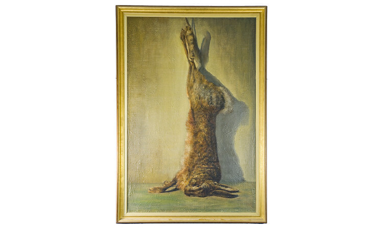 Appraisal: Victorian Oil On Canvas Hanging Rabbit Unsigned x Inches