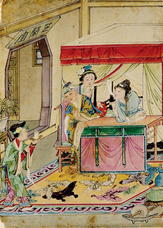 Appraisal: Asian school th century SIX WORKS GEISHA KABUKI AND INTERIOR