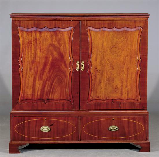 Appraisal: Georgian style inlaid and carved mahogany linen press circa rectangular