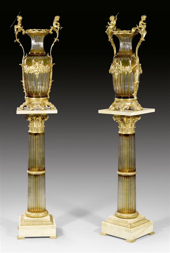 Appraisal: PAIR OF IMPORTANT VASES AUX ENFANTS ON COLUMN PEDESTALS Louis