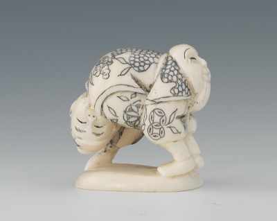 Appraisal: A Whimsical Carved Ivory Netsuke The happy figure bends over