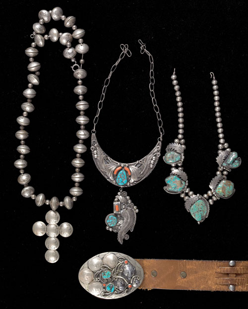 Appraisal: Large silver necklace with cross pendant and beads made from