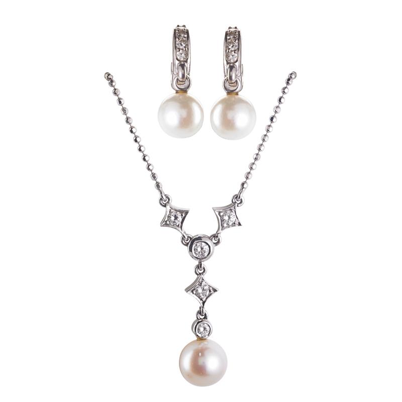 Appraisal: CULTURED PEARL AND DIAMOND K WHITE GOLD SUITE Condition Report