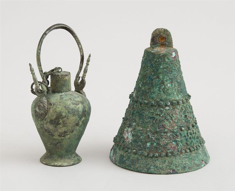 Appraisal: TWO ANCIENT BRONZES Comprising a bell lacking a ringer and