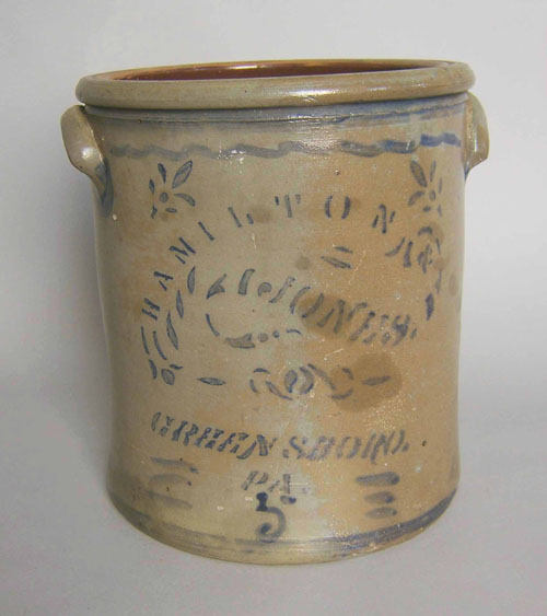 Appraisal: Five gallon stoneware crock th c signed Hamilton Jones Greensboro