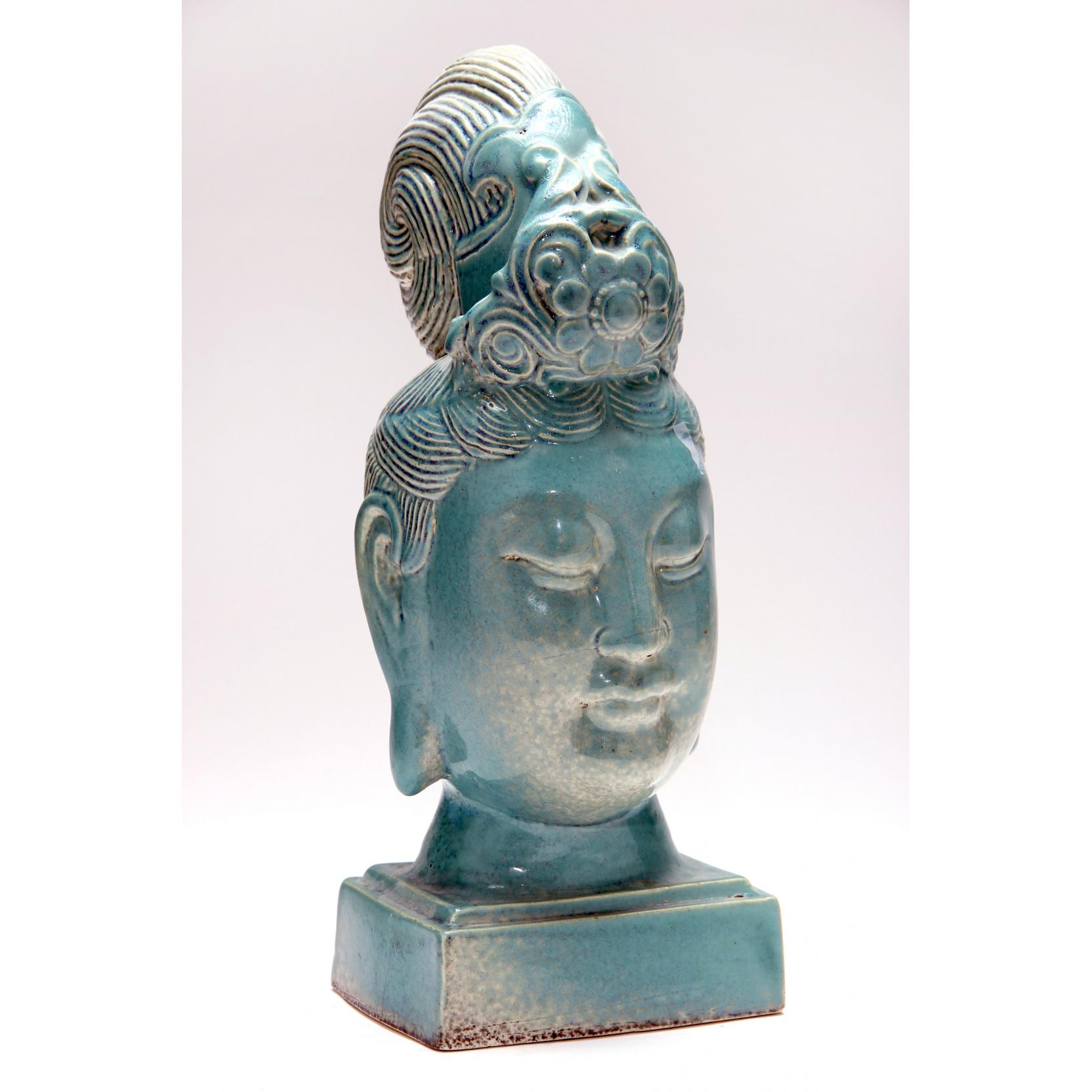 Appraisal: Glazed Head of Guanyin mid th century turquoise glaze unmarked