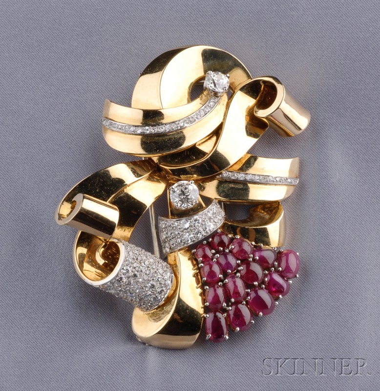 Appraisal: Retro kt Gold Ruby and Diamond Clip Brooch prong-set with