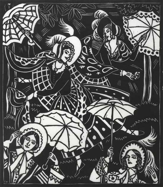 Appraisal: Thea Proctor - Bonnets Shawls Gay Parasols circa linocut no