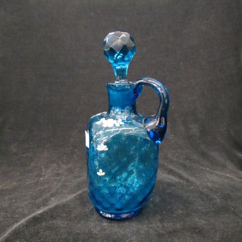 Appraisal: Moser Art Glass Cruet enameled flowers on diamond quilted blue