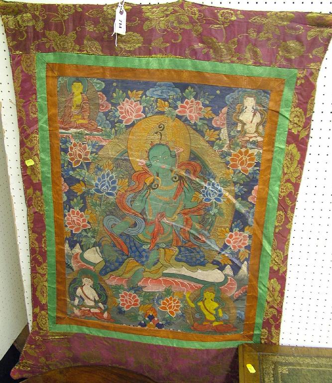 Appraisal: Interesting Tibetan silk embroidered and painted wall banner depicting figures