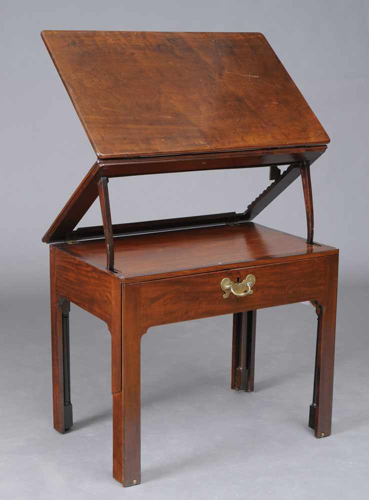 Appraisal: GEORGE III MAHOGANY ARCHITECT'S TABLE Hinged adjustable top with ratchet