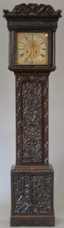 Appraisal: Jacobean style carved oak tall case clock having brass dial