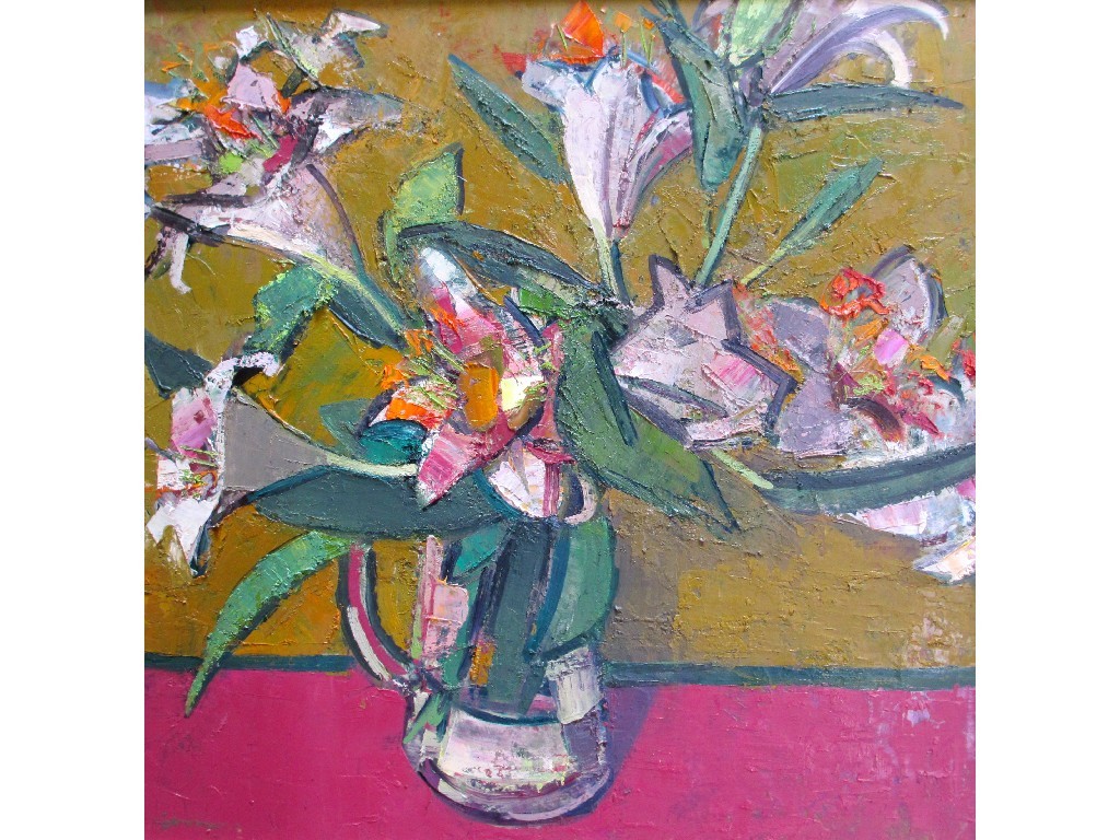 Appraisal: DES GORMAN b LILIES Oil on board signed x cm