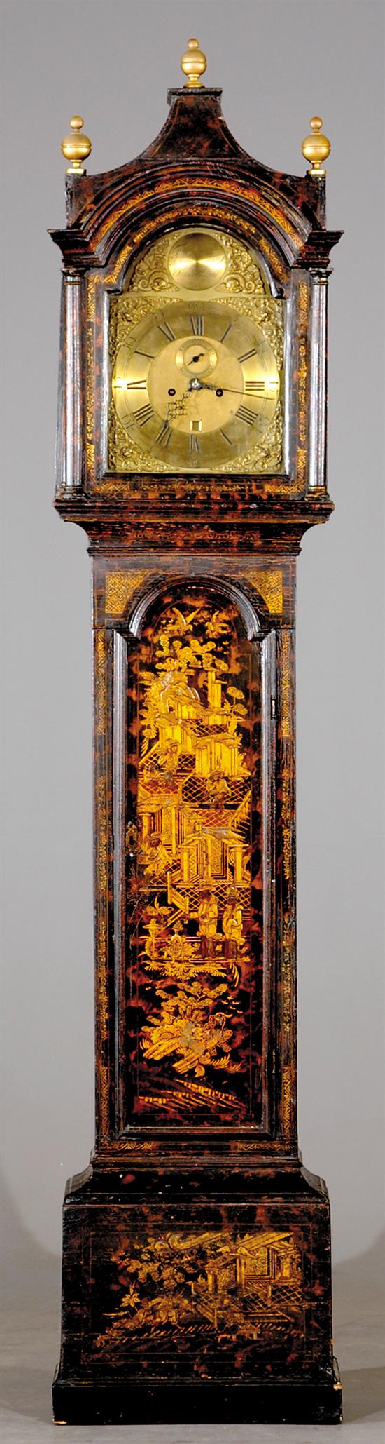 Appraisal: English Chippendale chinoiserie-decorated tall clock late th century bonnet with