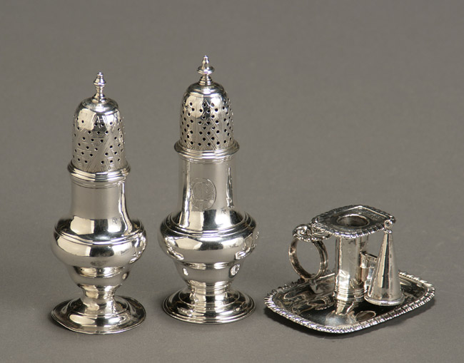 Appraisal: Two George III Silver Casters and a Small Chamberstick Each