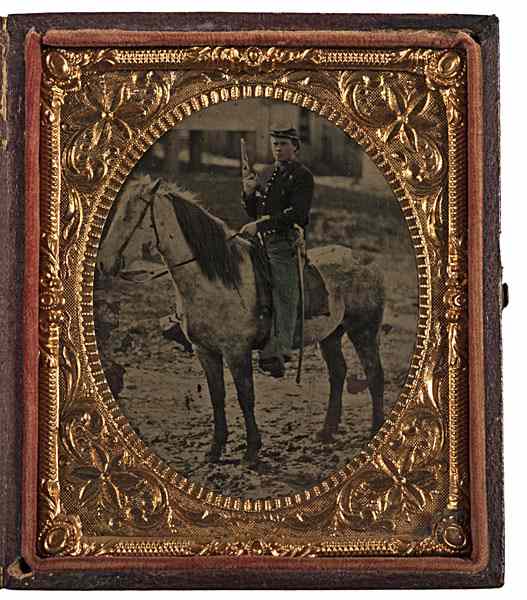 Appraisal: Mounted Cavalry Trooper Outdoor Sixth Plate Tintype An unidentified young