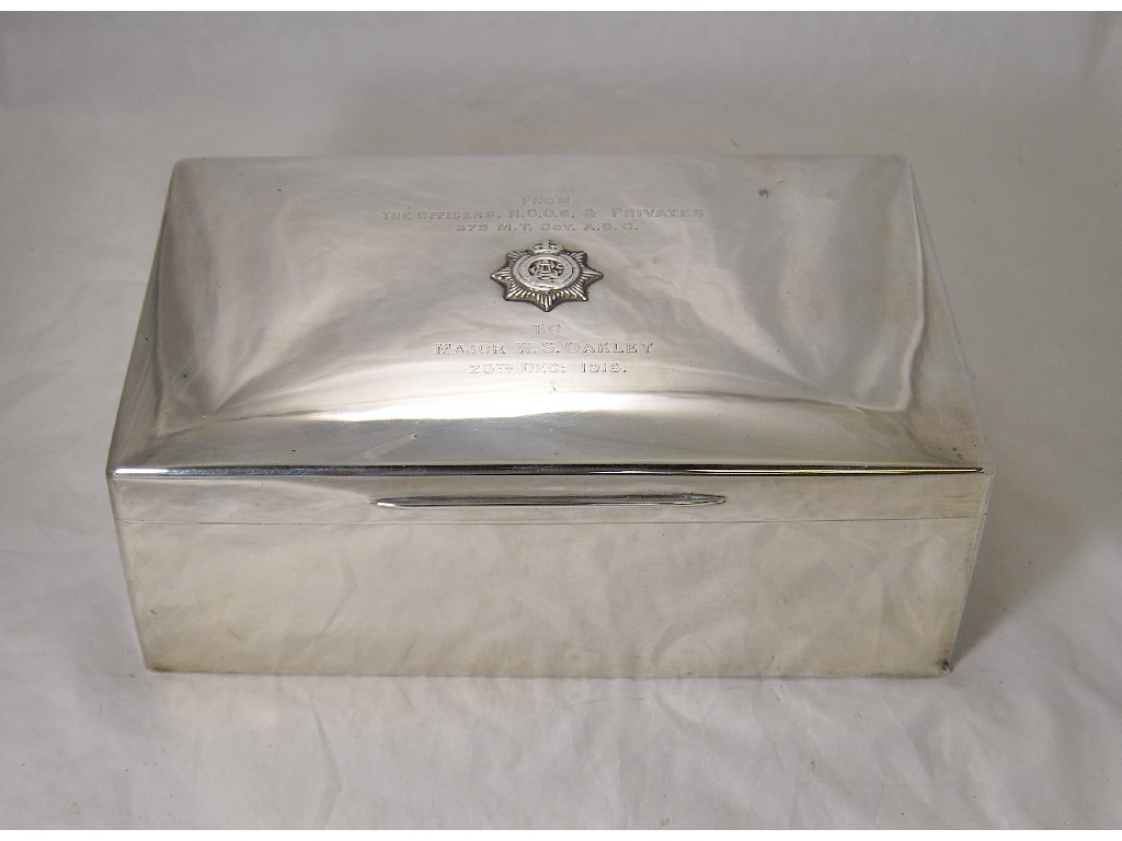 Appraisal: Of military interest - Large silver rectangular humidor cedar lined