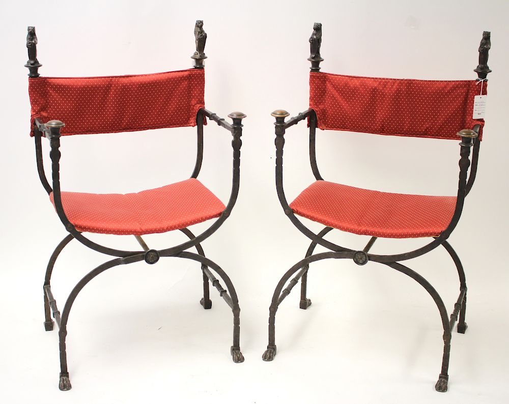 Appraisal: Pair of Renaissance Style Curule Form Armchairs Brass and wrought