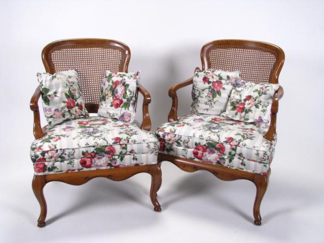 Appraisal: Pair of French Period Style Armchairs light walnut finish with