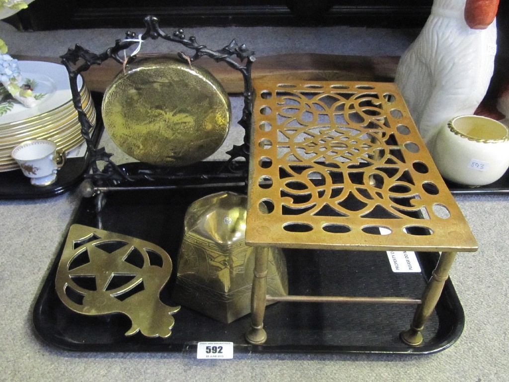 Appraisal: Tray lot of brassware to include brass trivets table gong