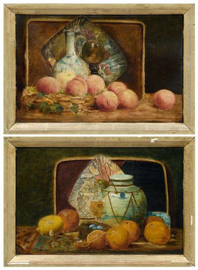 Appraisal: Two Ambrose Lee paintings still lifes with fruit Chinese porcelain