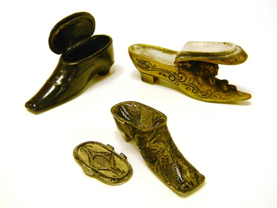 Appraisal: Three shoe form snuff patch boxes Continental one lacquer papier