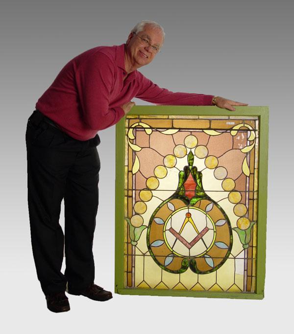 Appraisal: LARGE MASONIC STAINED GLASS PANEL Square compass design Measures panel