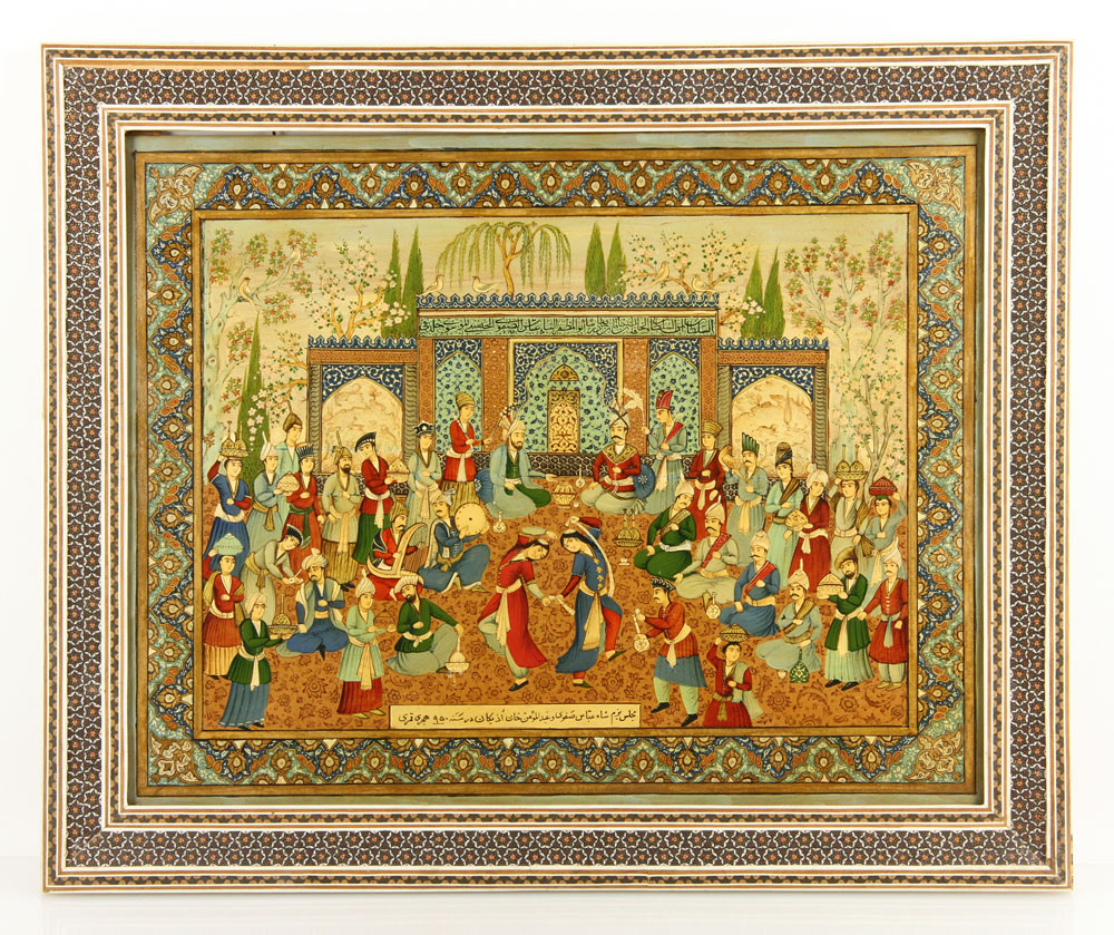 Appraisal: - Persian Court Scene Painting on Board Persian court scene