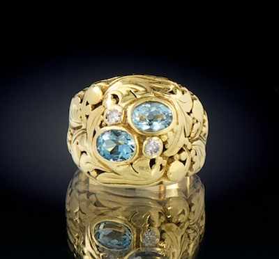 Appraisal: A Ladies' Aquamarine and Diamond Scroll Design Ring k yellow