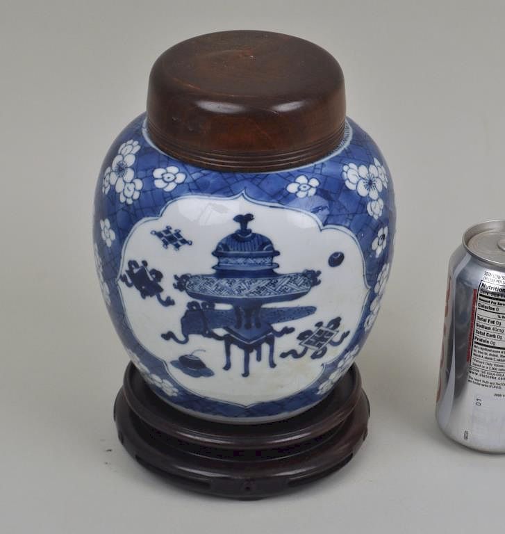 Appraisal: Chinese Blue White Porcelain Lidded Ovoid Jar of Kangxi period