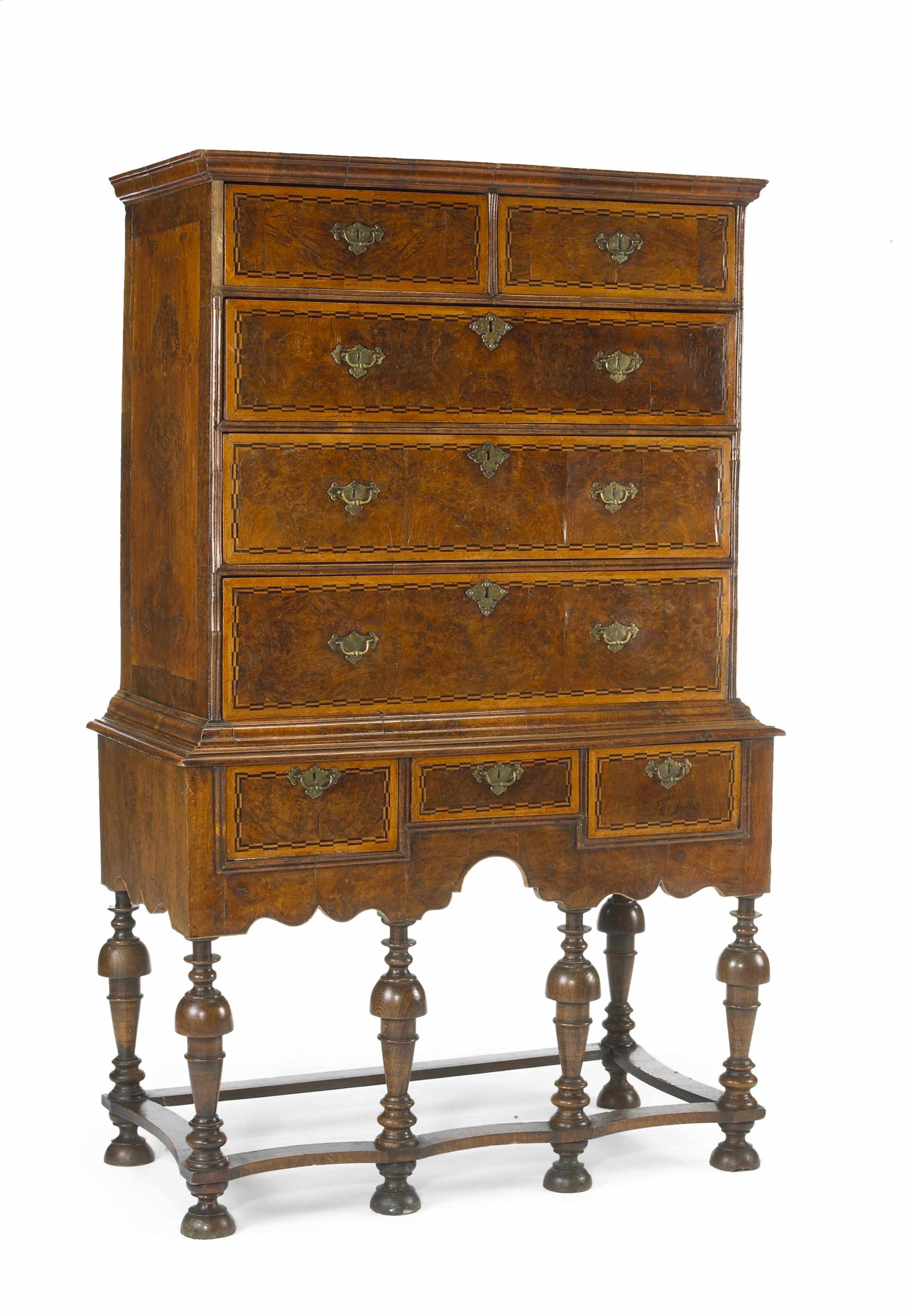 Appraisal: A William and Mary crossbanded walnut chest on stand late