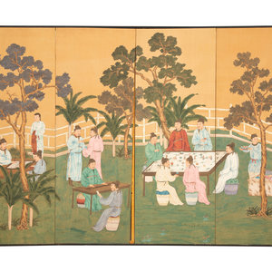 Appraisal: A Chinese Four-Panel Floor Screen th Century painted silk mounted