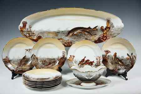 Appraisal: FISH SET - Continental porcelain piece fish set with handpainted