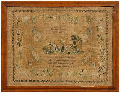 Appraisal: needlework sampler two women performing domestic chores four corners with