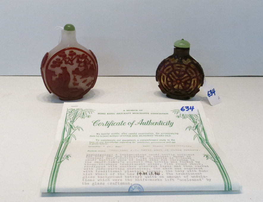 Appraisal: TWO LARGE CHINESE PEKING GLASS CABINET SNUFF BOTTLES with certificate