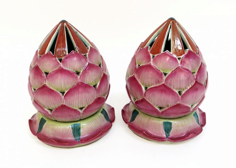 Appraisal: Pair Famille Rose Lotus Incense Burners Pair Famille Rose Lotus