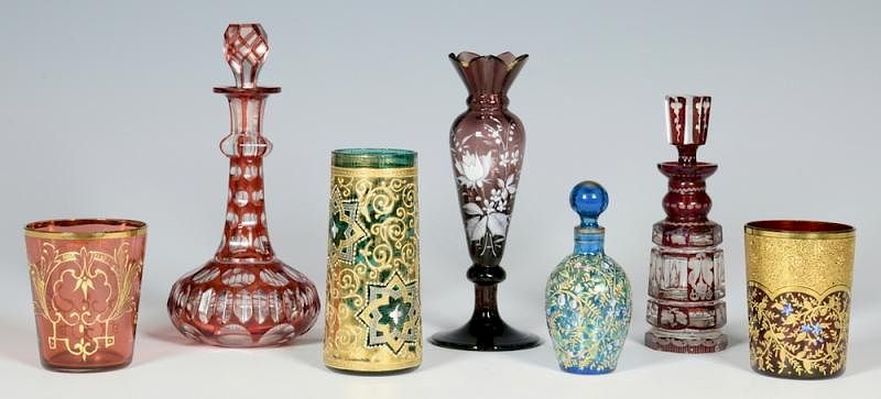 Appraisal: Colored Glass Perfume Bottles and Cups A collection of fine